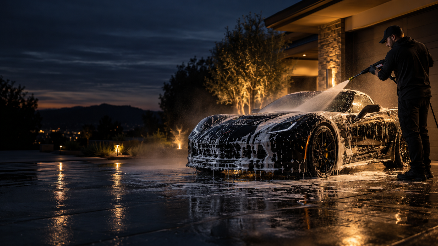 Foam wash on black sports car