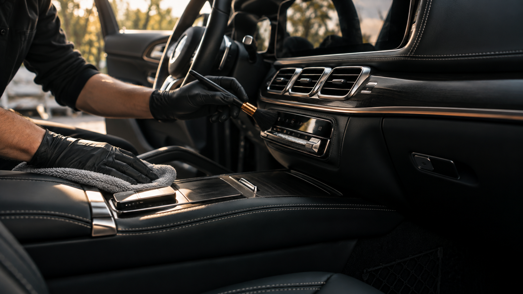 Professional detailer cleaning a vehicle interior